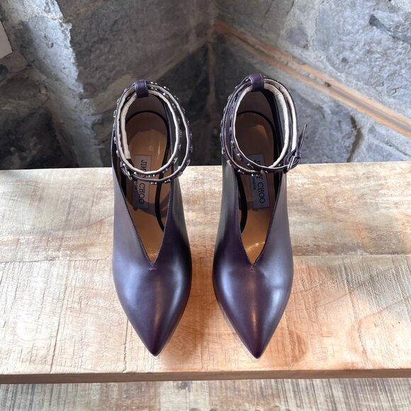 Jimmy Choo Purple Eggplant Lark Ankle Strap V Booties - Picture 2 of 10